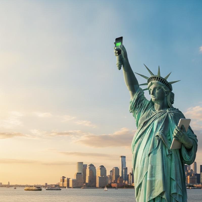 Estátua da Liberdade segurando celular com sinal cheio